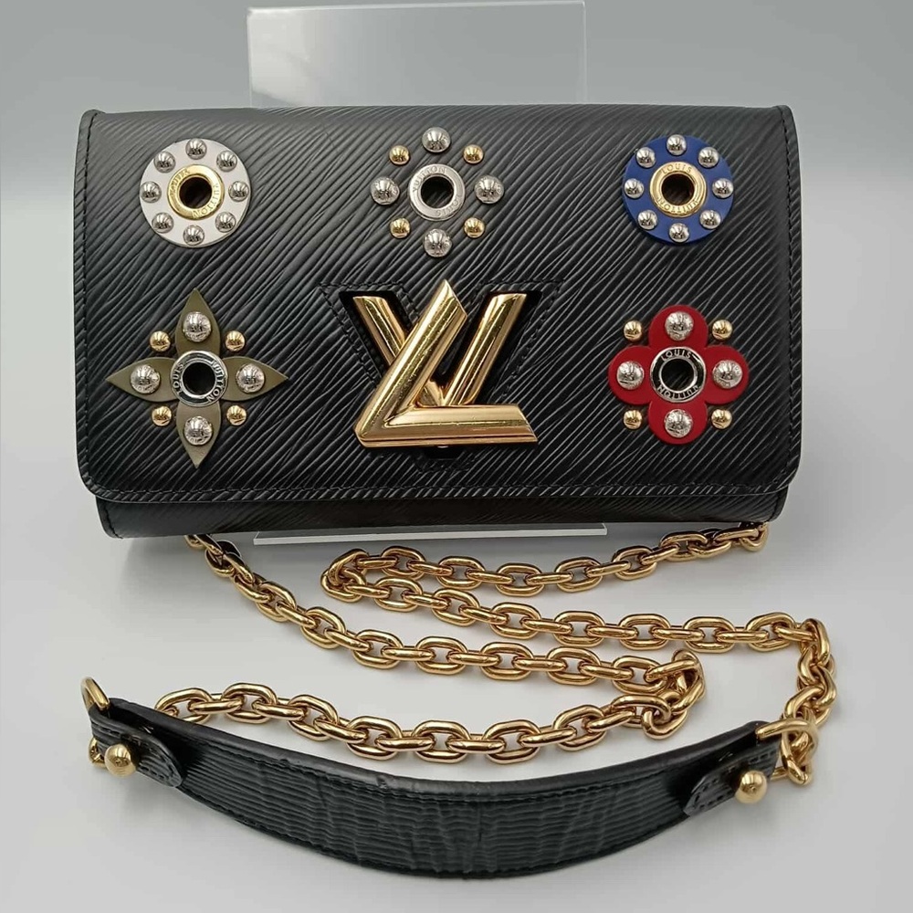 Louis Vuitton Black Clutch with Gold Chain and Colorful Embellishments